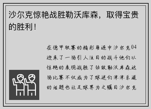 沙尔克惊艳战胜勒沃库森，取得宝贵的胜利！