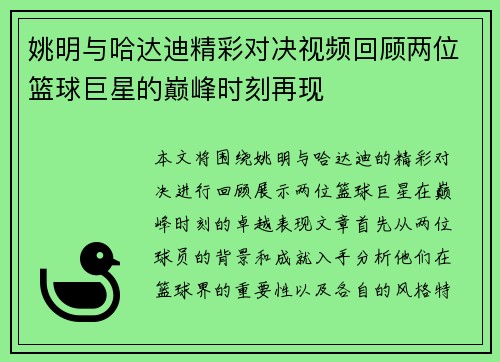 姚明与哈达迪精彩对决视频回顾两位篮球巨星的巅峰时刻再现
